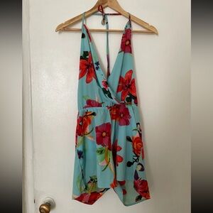 Floral Halter Romper - Aqua with Red & Pink Flowers